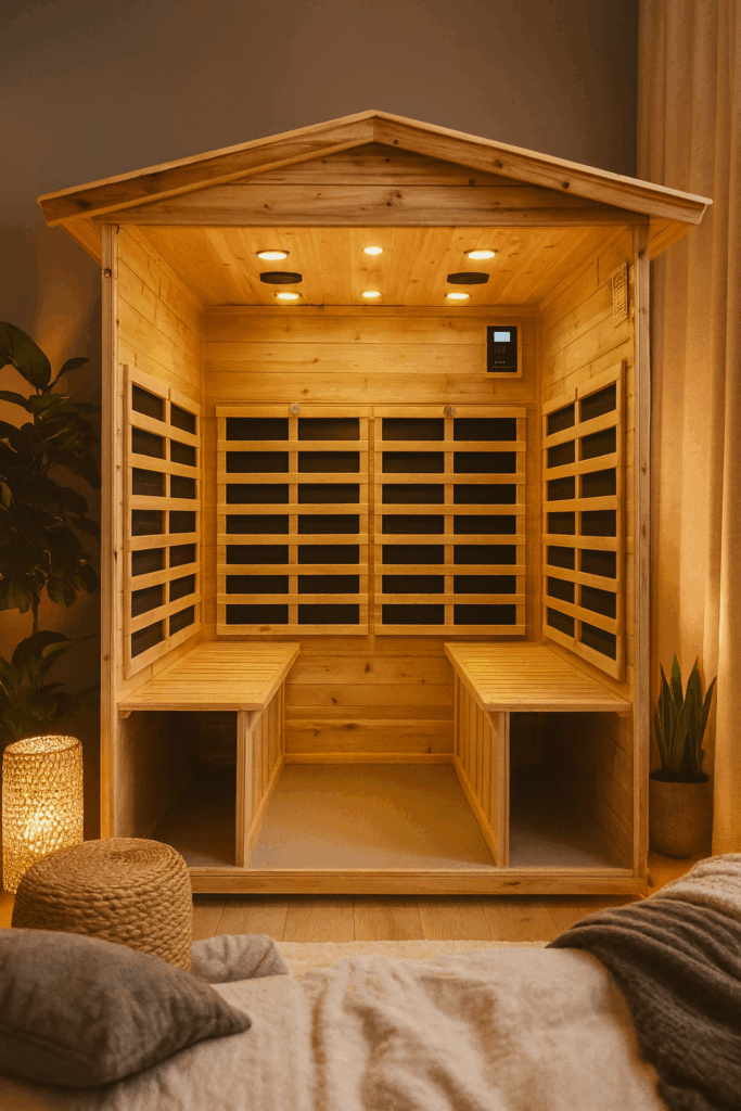 Cozy infrared sauna surrounded by plants and comfy cushions