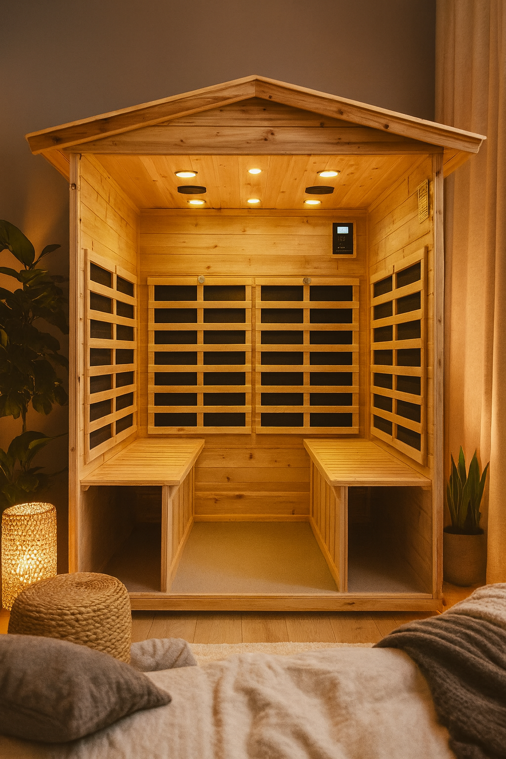 Cozy infrared sauna surrounded by plants and comfy cushions