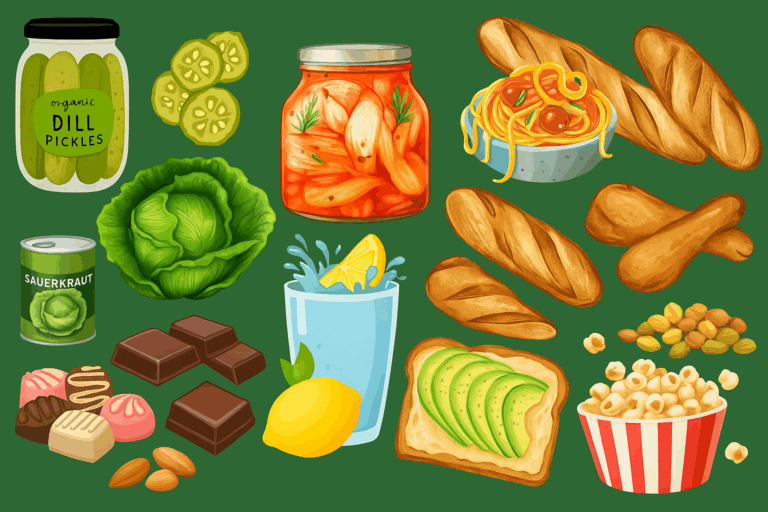 Image of various food items like bread, kimchi and chocolate set against a green background