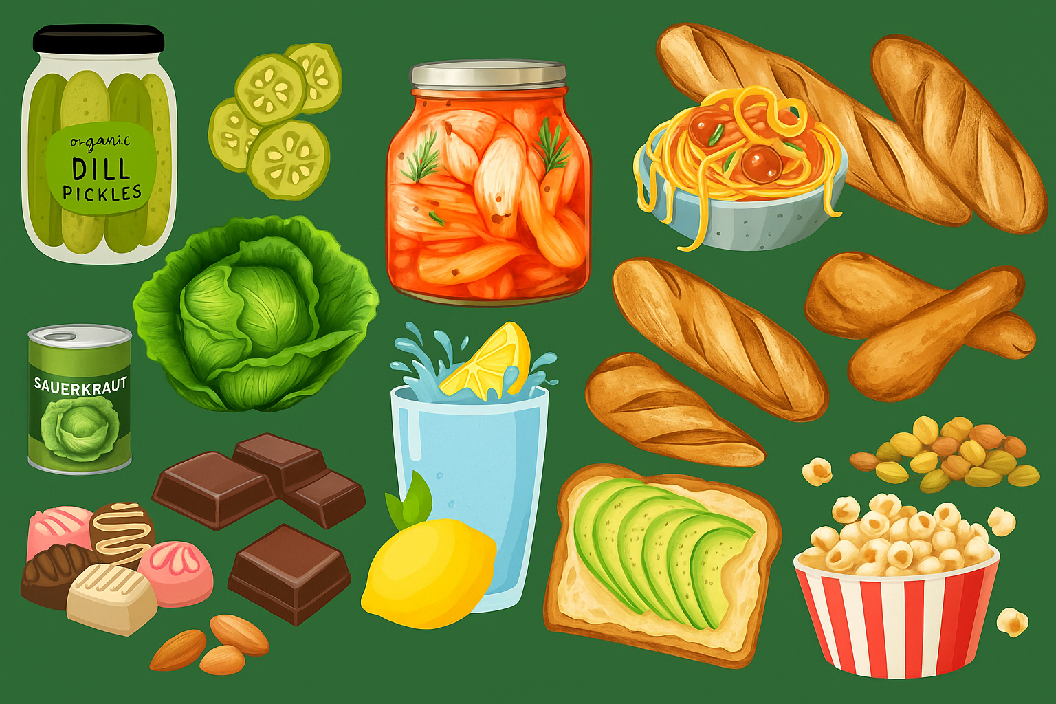 Image of various food items like bread, kimchi and chocolate set against a green background